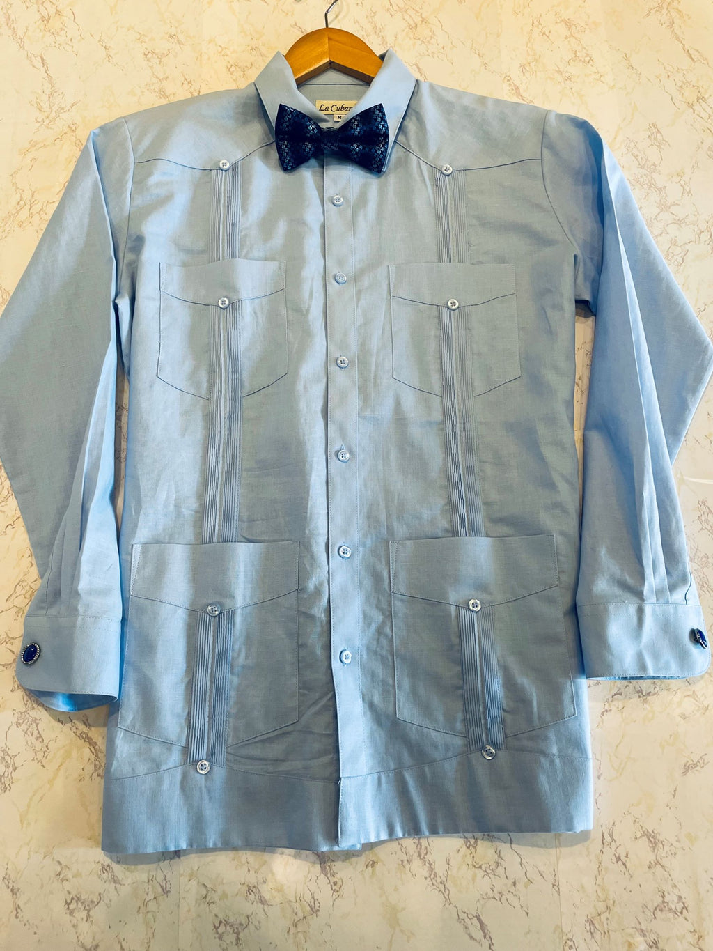 100% Imported Linen Presidential Guayabera, Long Sleeves, Premium Blue