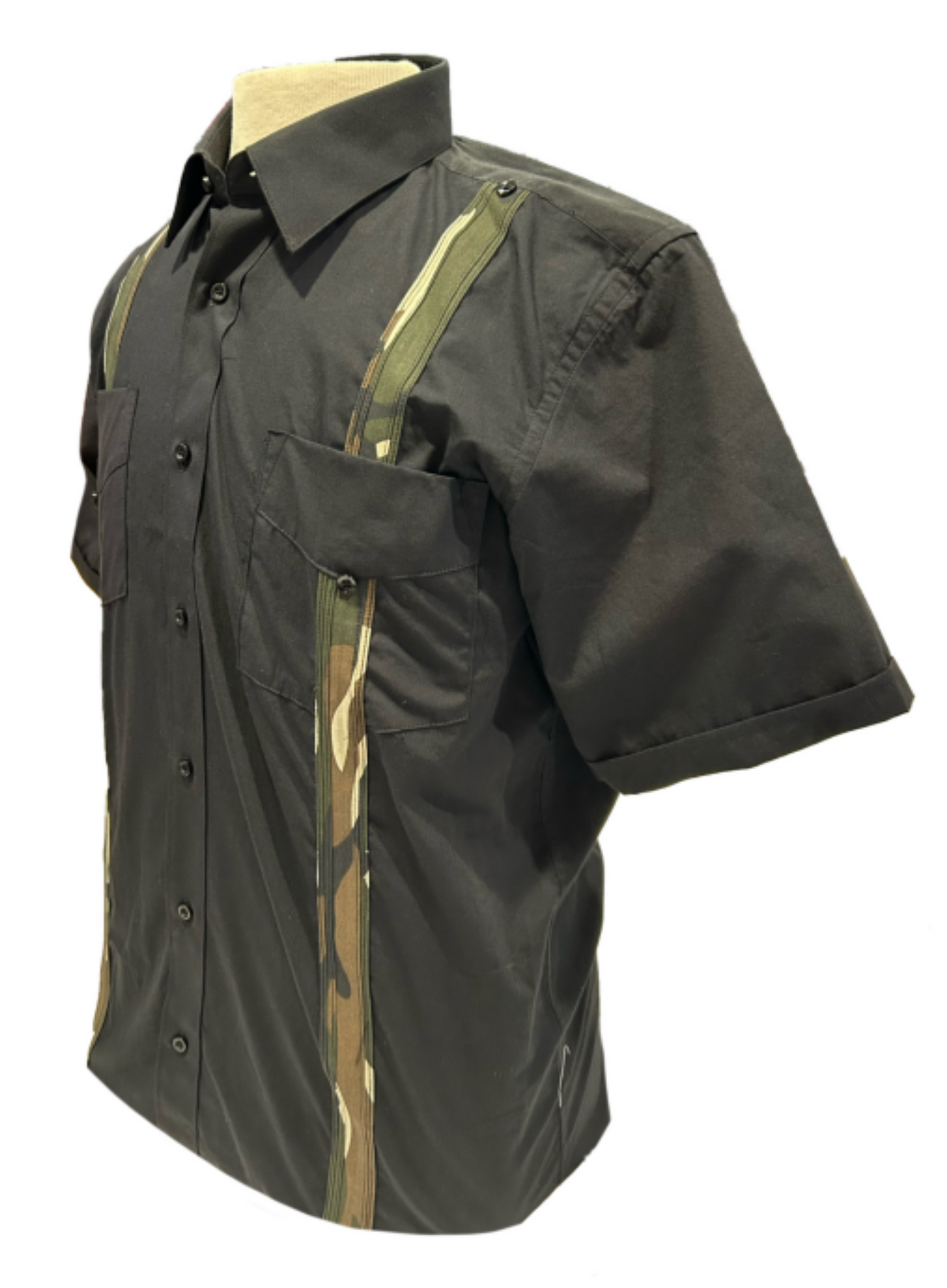 100% Cotton Guayabera, Black w/ Camo Pleat