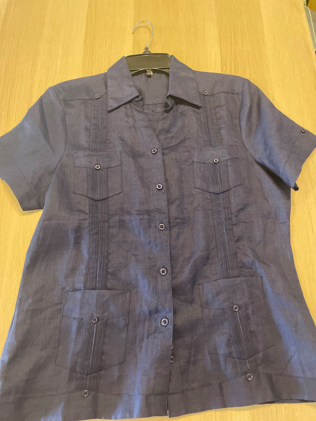 100% Linen Women's Short Sleeve Shirt, Navy Blue