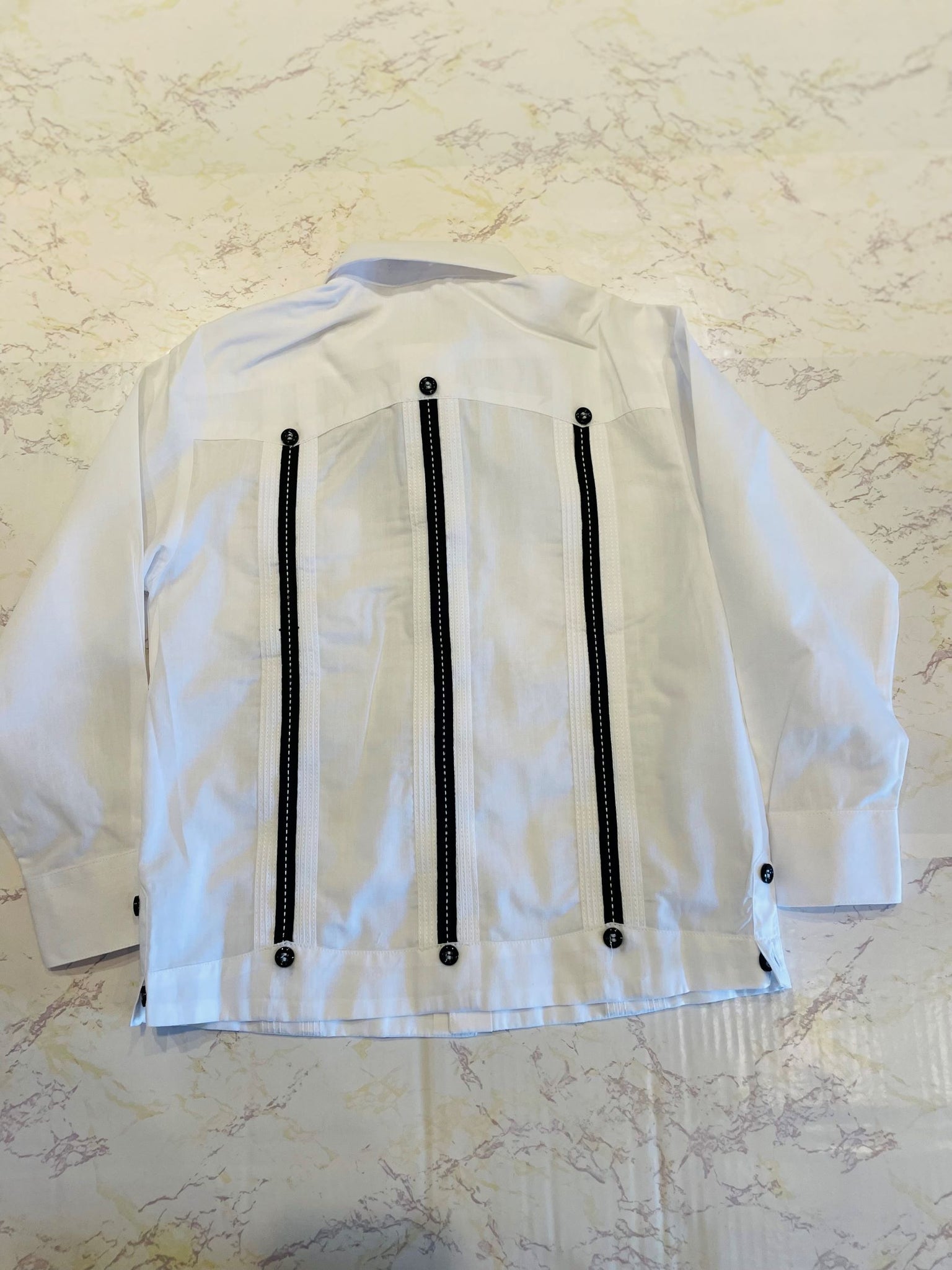100% Cotton Kid's Long Sleeve Guayabera, White with Black Trim, Bowtie Included