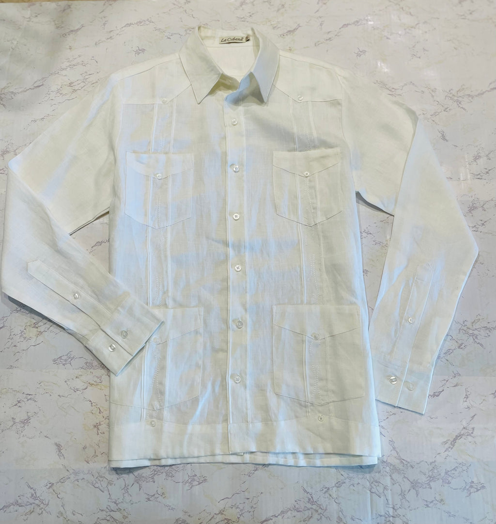 100% Linen Long Sleeve & Short Sleeve Presidential Linen Guayabera, Off-White w/ Embroidered Pleats