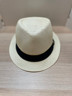White Short Brim Panama Hat w/ Black Fabric Band