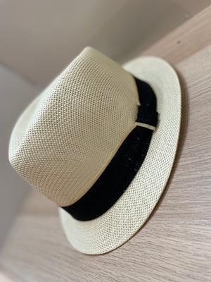 White Short Brim Panama Hat w/ Black Fabric Band