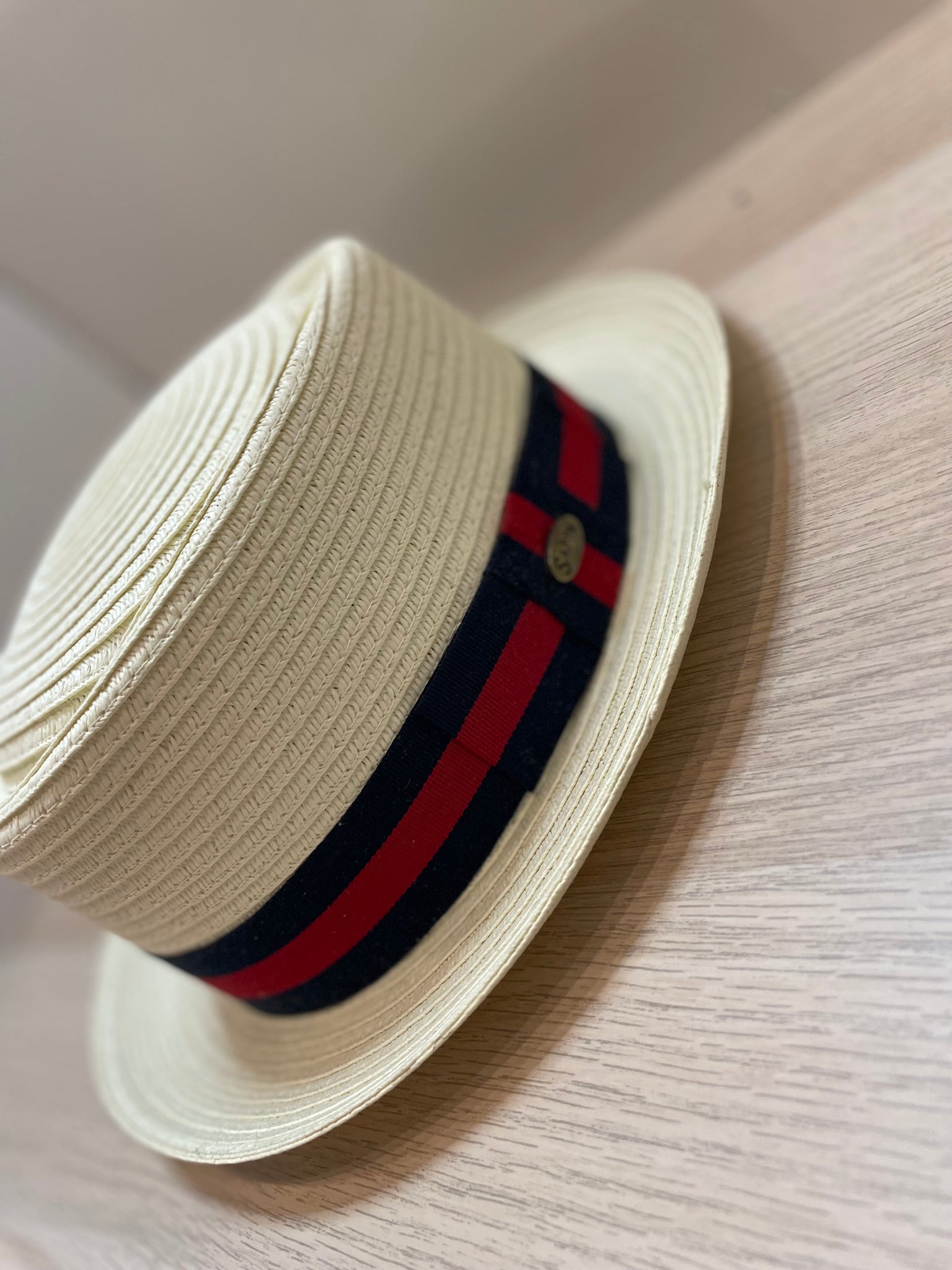 White Short Panama Hat w/ White & Red Accent Band