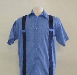 100% Cotton Short Sleeve Panel Shirt, French Blue with Navy Pleats