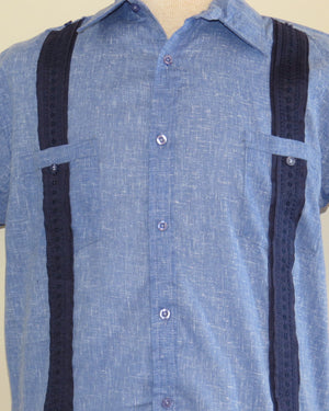 100% Cotton Short Sleeve Panel Shirt, French Blue with Navy Pleats