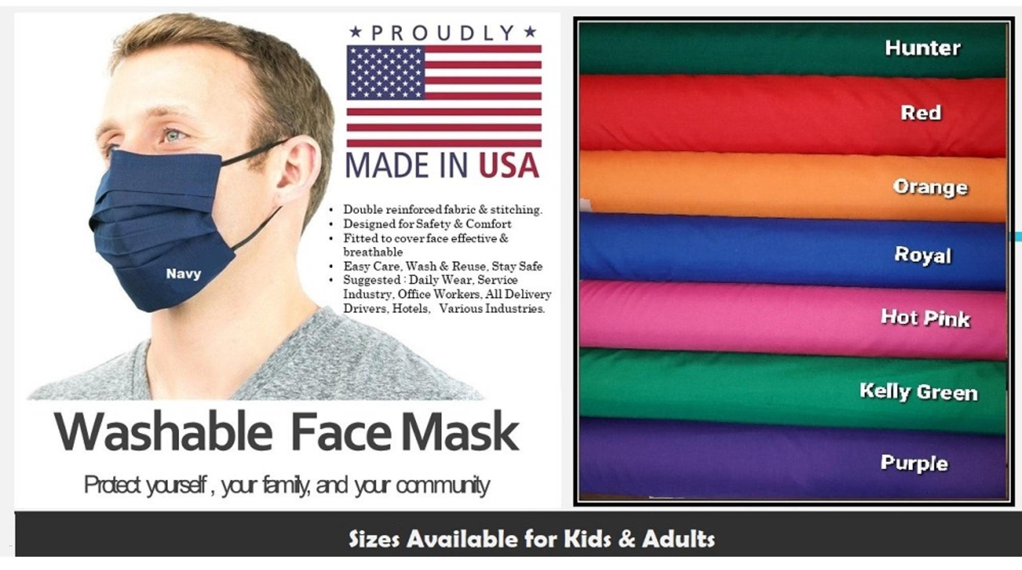 Washable Face Mask Made in USA Solid Colors Unisex for Adults or Children