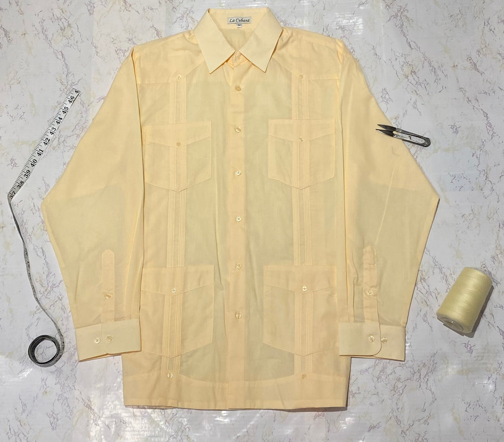 100% Cotton Guayabera, Long Sleeve, Light Yellow