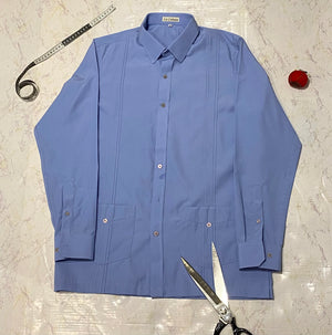 100% Cotton Hacienda-Style 2-Pocket Guayabera, Blue, Long & Short Sleeves